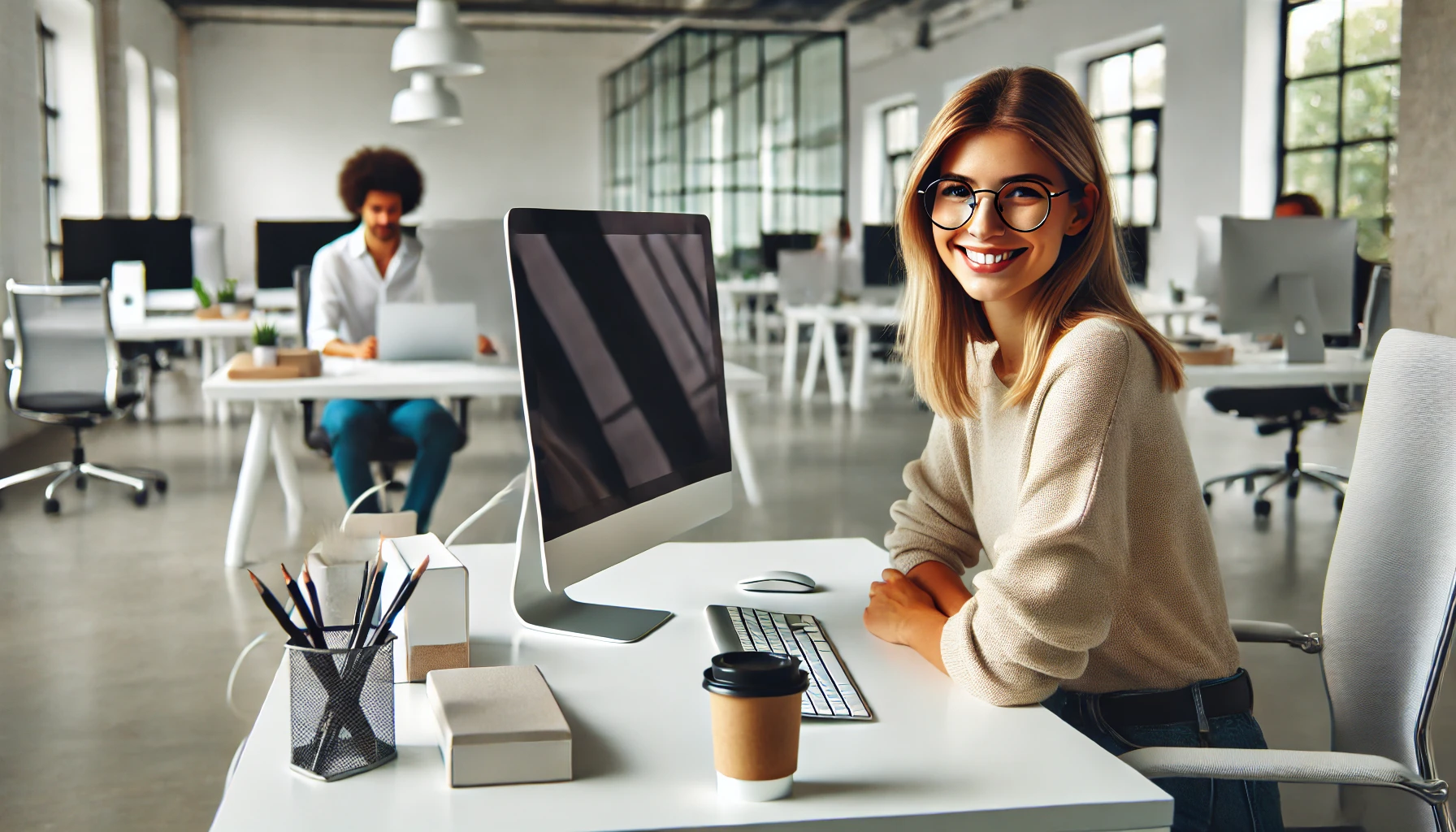 DALLE 2024-08-19 13.45.21 - A modern office environment with a woman sitting at her desk, smiling at the camera. She is wearing glasses and has blonde hair with dark roots. The o